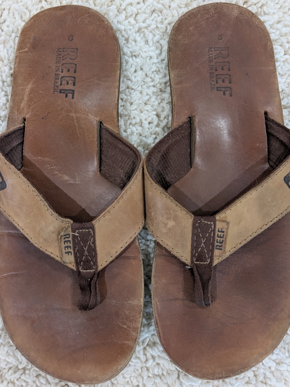 Reef Men’s Brown Leather and Tan Strap Flip Flops